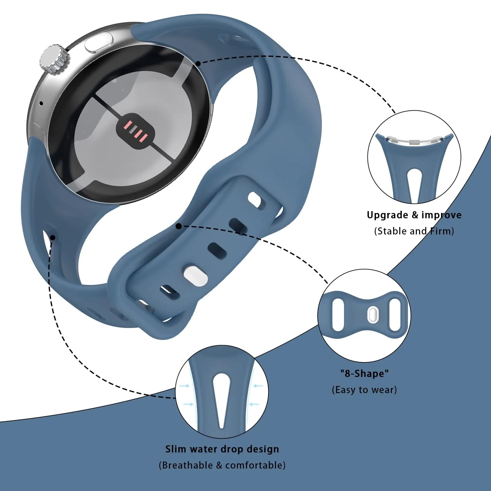 Eiavike Slim Silicone Watch Band for Google Pixel Watch 4/3/2/1 (41mm) - Premium Blue, 22mm | Breathable Sport Strap - view 2