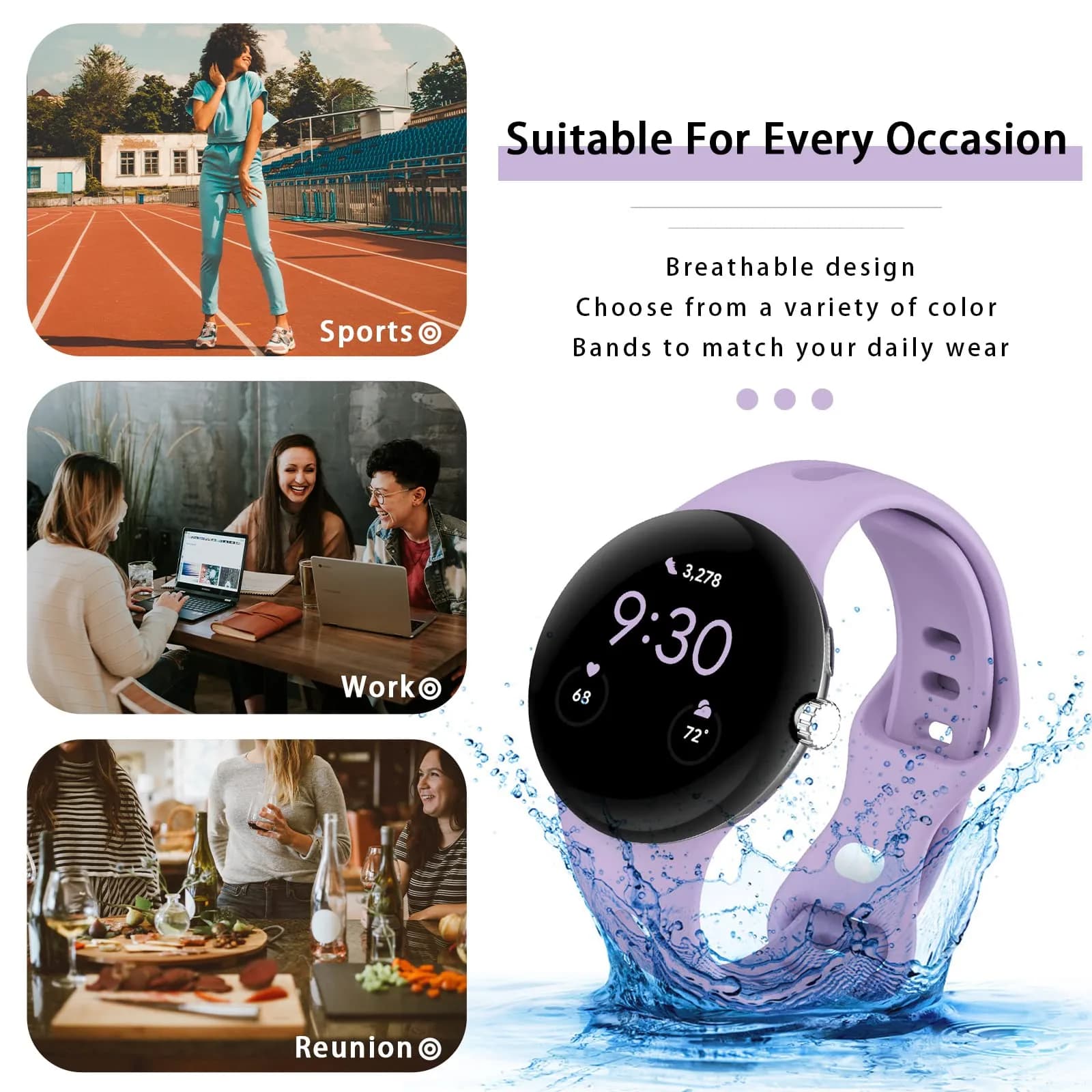 Eiavike Slim Silicone Watch Band for Google Pixel Watch 4/3/2/1 (41mm) - Lavender, 22mm | Breathable & Adjustable Sport Strap - view 6