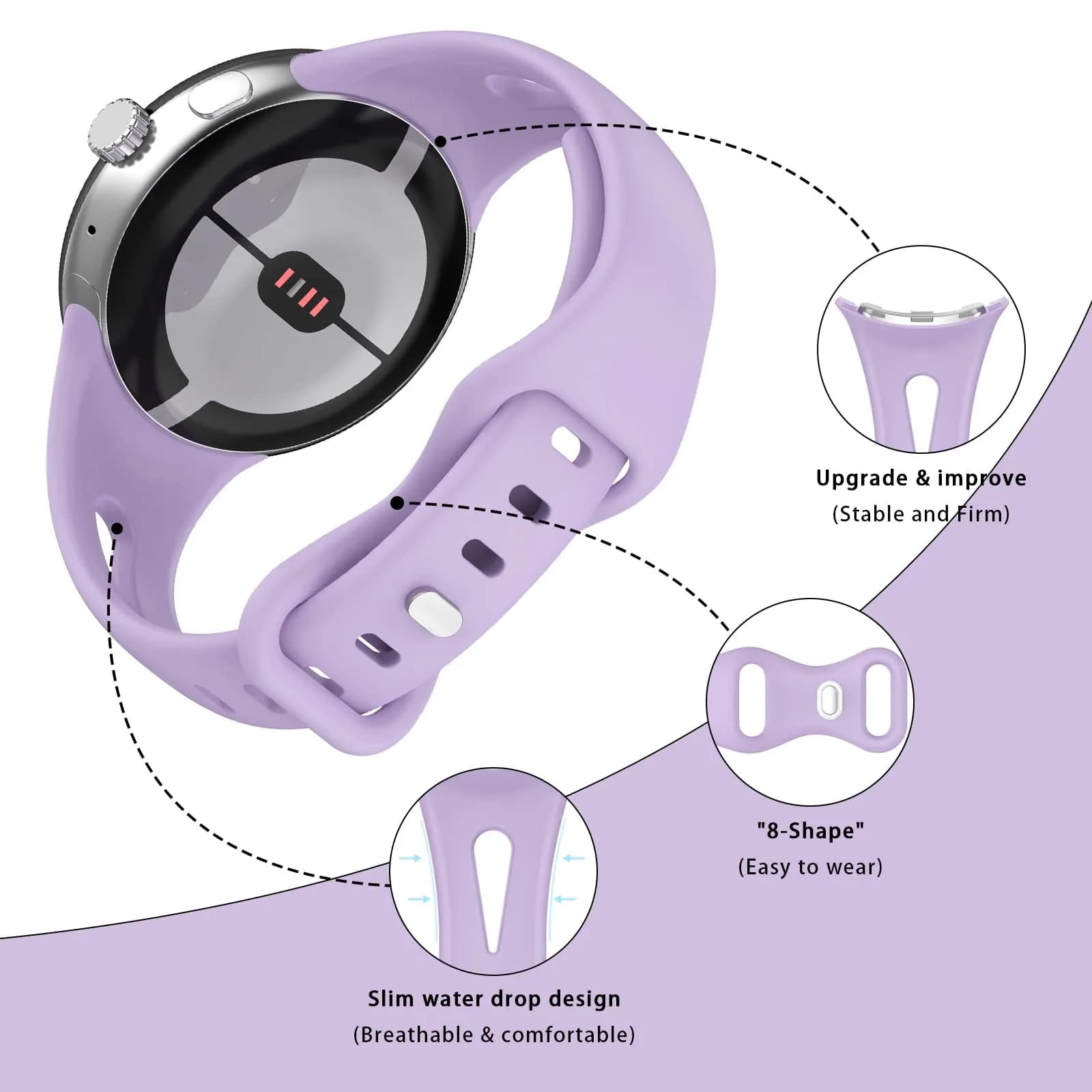 Eiavike Slim Silicone Watch Band for Google Pixel Watch 4/3/2/1 (41mm) - Lavender, 22mm | Breathable & Adjustable Sport Strap - view 2