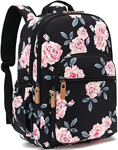 Leaper Floral School Backpack Travel Bag Women Satchel, Black-pink Flower [8005up] 17L (11.8"W x 16.5"H x 6.7"D) | Water-Resistant Polyester thumbnail 1