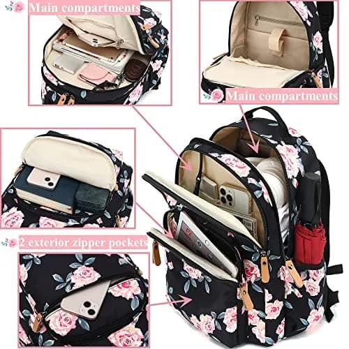 Leaper Floral School Backpack Travel Bag Women Satchel, Black-pink Flower [8005up] 17L (11.8"W x 16.5"H x 6.7"D) | Water-Resistant Polyester thumbnail 4