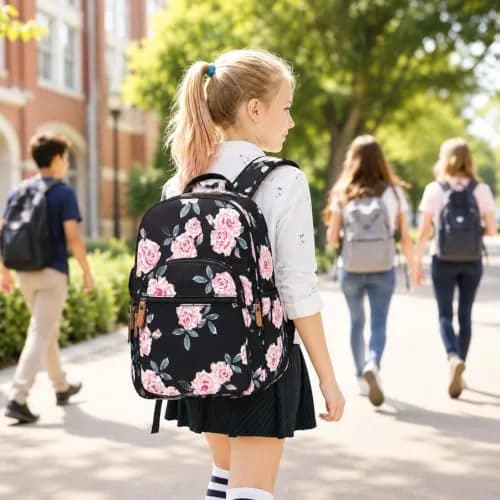 Leaper Floral School Backpack Travel Bag Women Satchel, Black-pink Flower [8005up] 17L (11.8"W x 16.5"H x 6.7"D) | Water-Resistant Polyester thumbnail 7