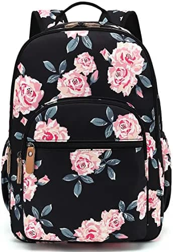 Leaper Floral School Backpack Travel Bag Women Satchel, Black-pink Flower [8005up] 17L (11.8"W x 16.5"H x 6.7"D) | Water-Resistant Polyester thumbnail 2