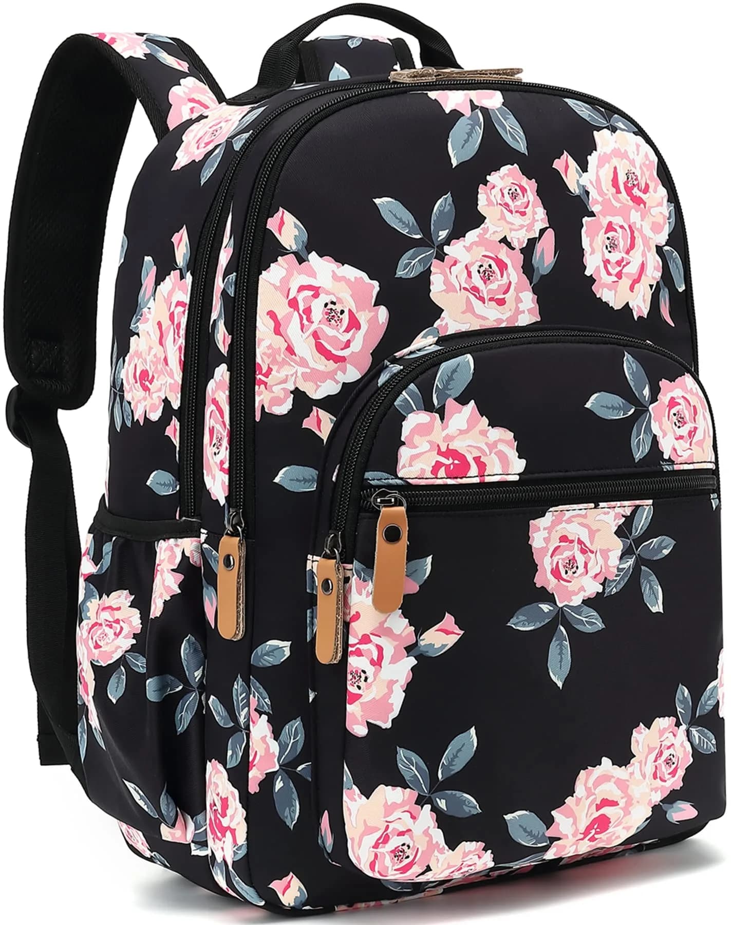 Leaper Floral School Backpack Travel Bag Women Satchel, Black-pink Flower [8005up] 17L (11.8"W x 16.5"H x 6.7"D) | Water-Resistant Polyester - main product image
