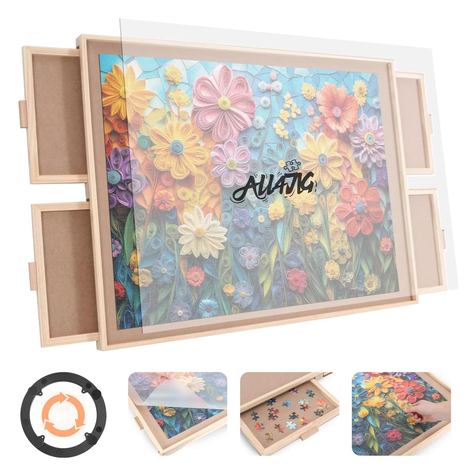 ALL4JIG Rotating Puzzle Board with Drawers and Cover, 2000 Piece Jigsaw Puzzle Table for Adults, 28.5"x40.16" Portable Wooden Lazy Susan Spinning Board