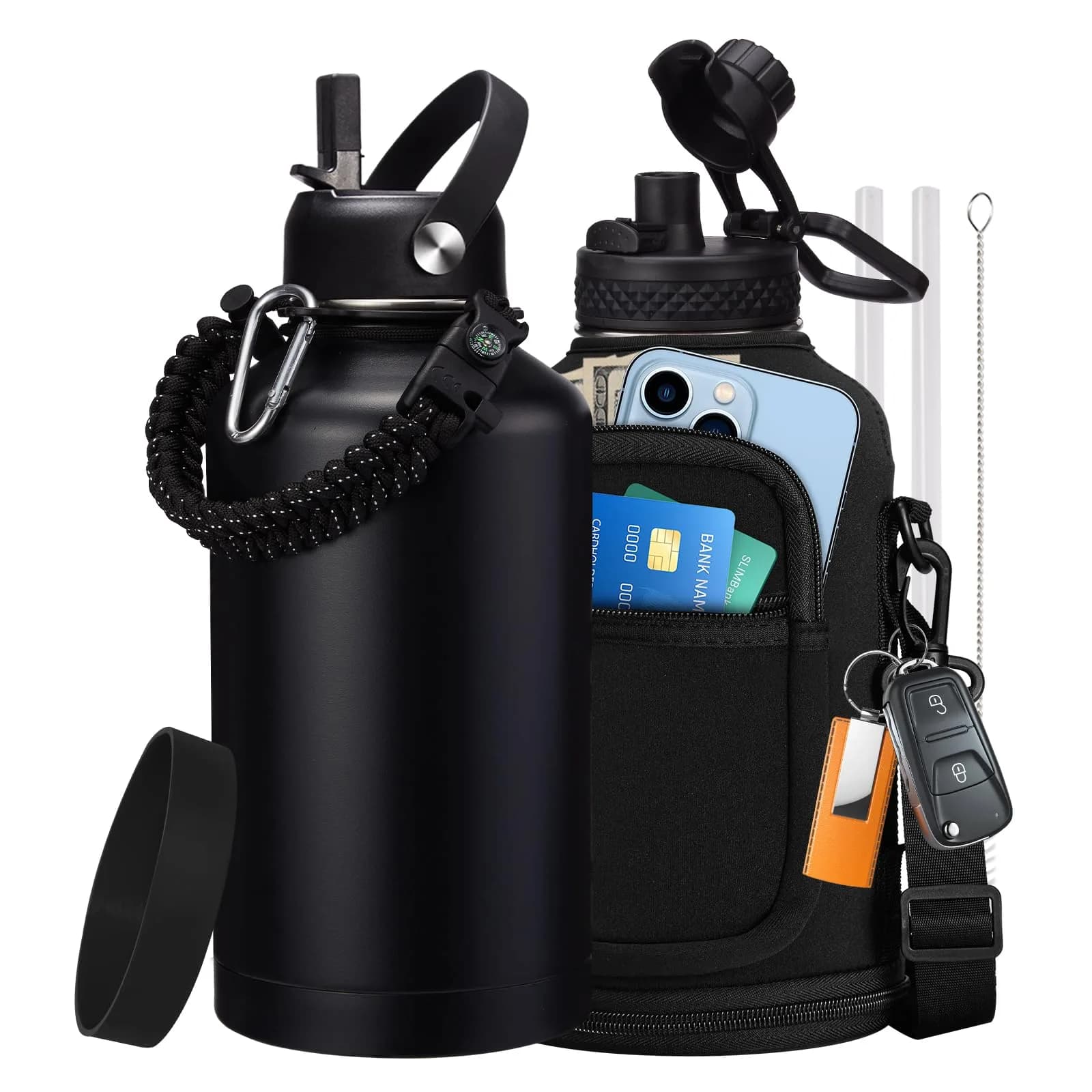 VICKNIY 64 oz Insulated Water Bottle with Straw & Auto Spout, Paracord Handle, Carrier & Boot | Leak-proof Thermo Mug