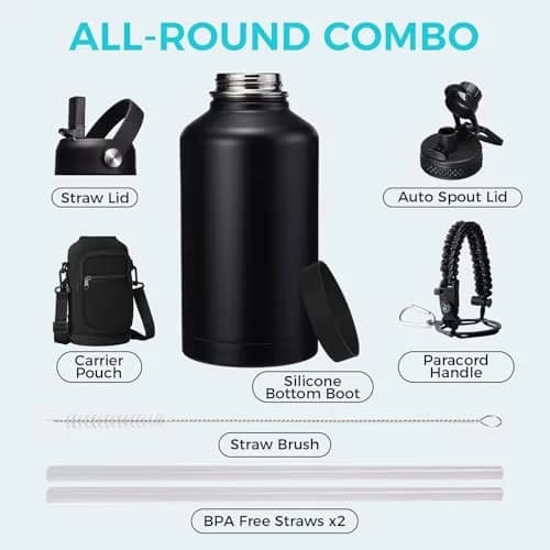 VICKNIY 64 oz Insulated Water Bottle with Straw & Auto Spout, Paracord Handle, Carrier & Boot | Leak-proof Thermo Mug thumbnail 2