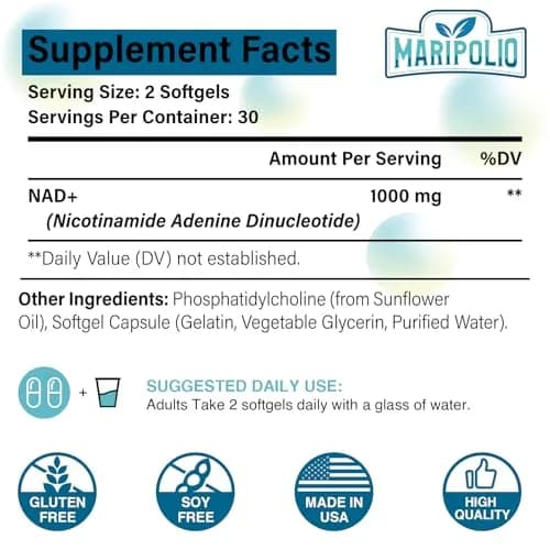 Maripolio Liposomal NAD+ 1000 mg Supplement | Cellular Energy & Wellness Support | 60 Softgels thumbnail 2