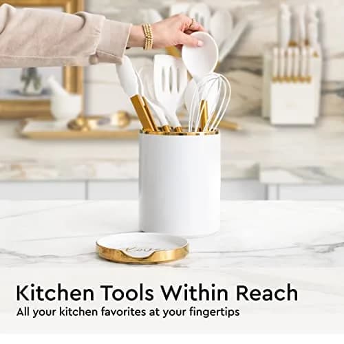 STYLED SETTINGS White Utensil Holder with Built-In Ceramic Spoon Rest | Large Capacity, Hygienic & Elegant thumbnail 5