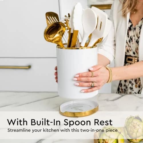 STYLED SETTINGS White Utensil Holder with Built-In Ceramic Spoon Rest | Large Capacity, Hygienic & Elegant thumbnail 6
