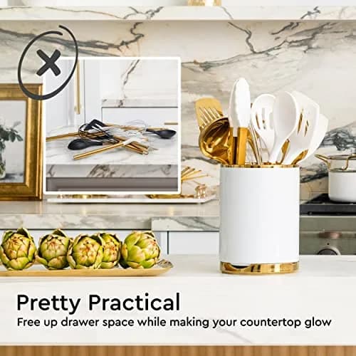 STYLED SETTINGS White Utensil Holder with Built-In Ceramic Spoon Rest | Large Capacity, Hygienic & Elegant thumbnail 7