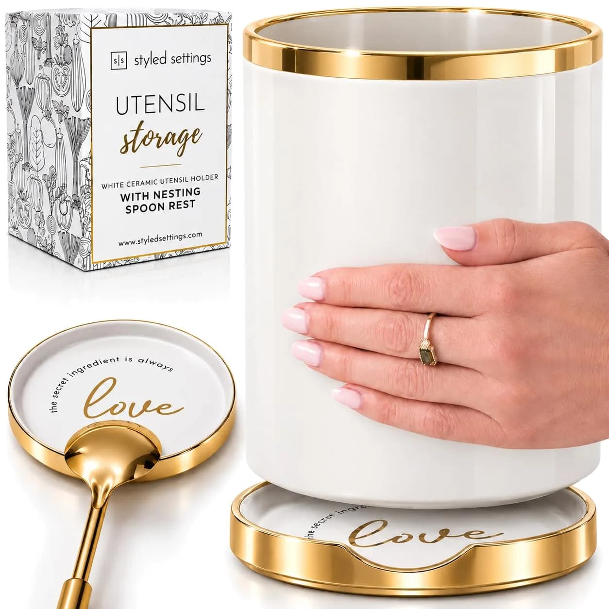 STYLED SETTINGS White Utensil Holder with Built-In Ceramic Spoon Rest | Large Capacity, Hygienic & Elegant