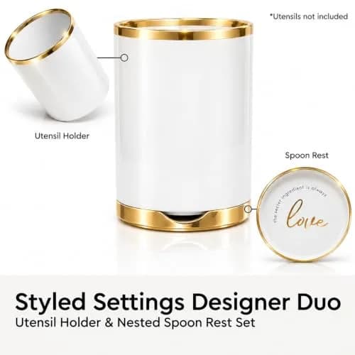 STYLED SETTINGS White Utensil Holder with Built-In Ceramic Spoon Rest | Large Capacity, Hygienic & Elegant thumbnail 2