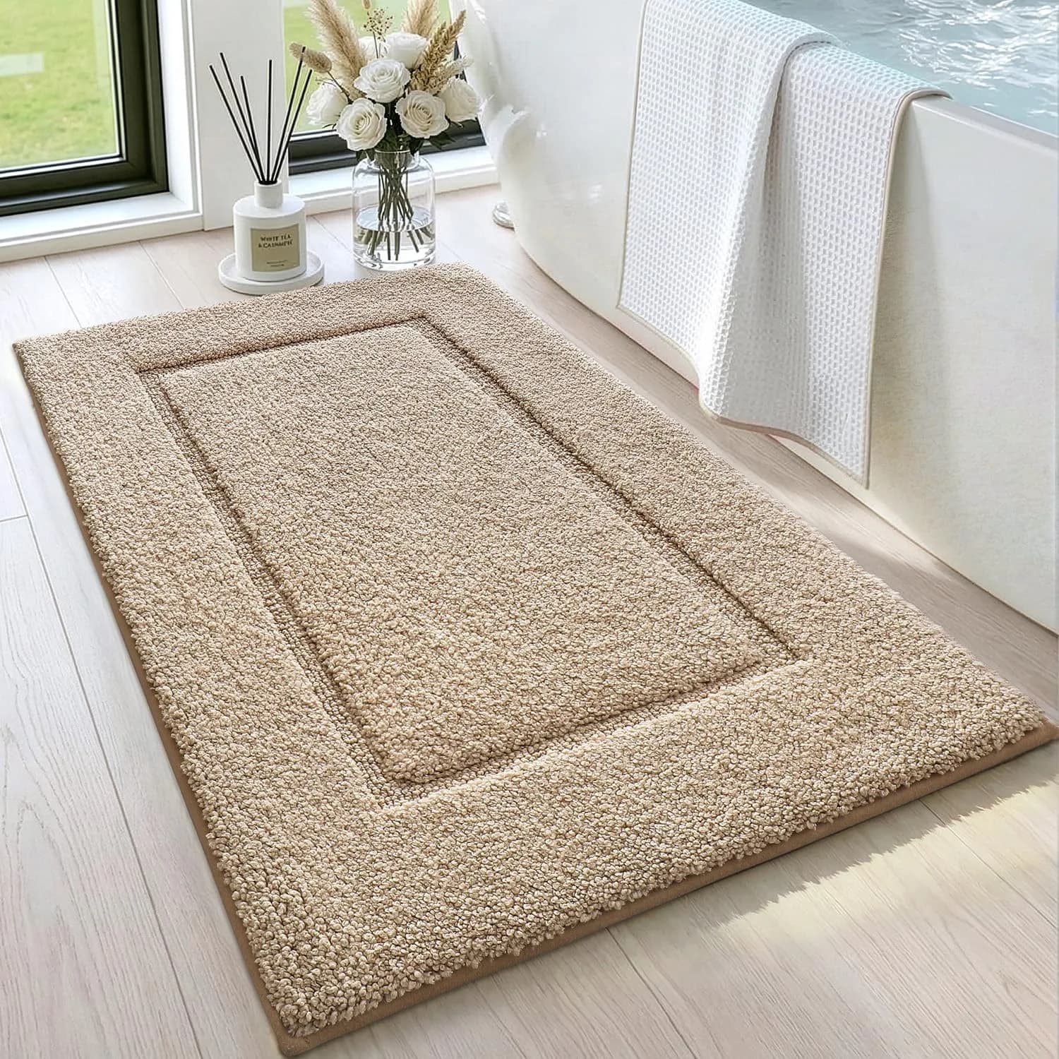 DEXI Plush Microfiber Bath Mat 91cm x 61cm (36"x24") | Soft Absorbent Non-Slip Bathroom Rug for India — Beige