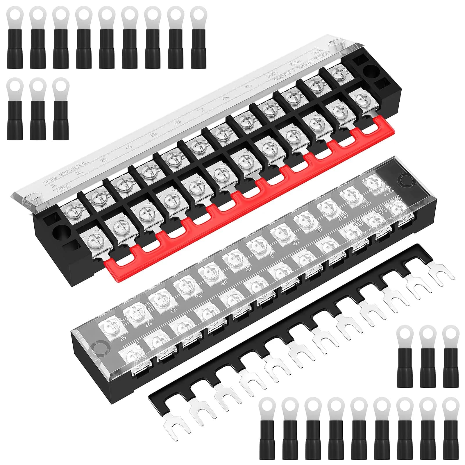 Joinfworld 35A 12 Position Terminal Block Set with Cover & Jumper Blocks (2 Sets) | Industrial Power Distribution - main product image