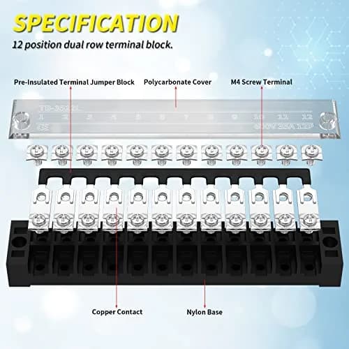 Joinfworld 35A 12 Position Terminal Block Set with Cover & Jumper Blocks (2 Sets) | Industrial Power Distribution thumbnail 3
