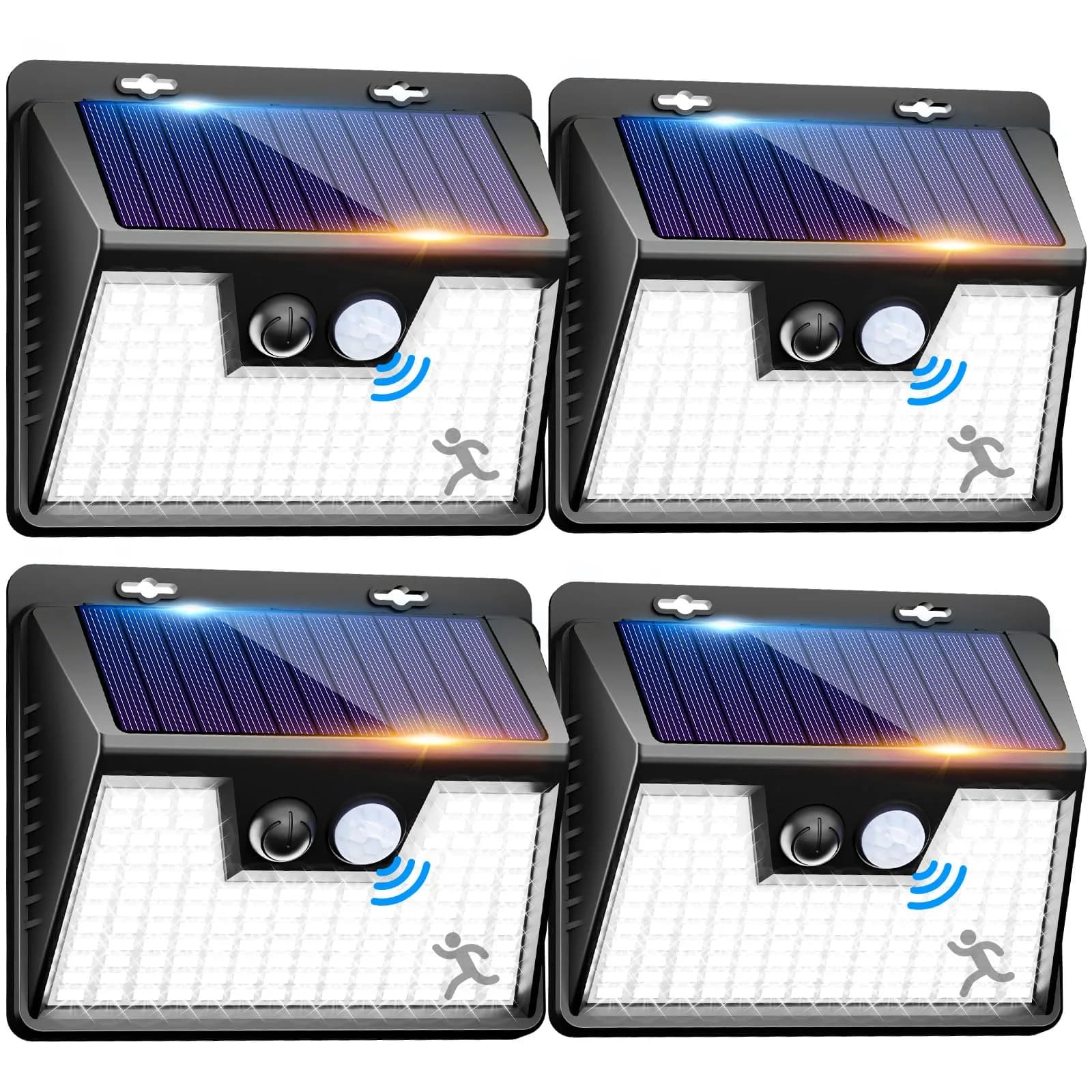 Peasur Solar Lights Outdoor Waterproof 4 Pack | 140LED Motion Sensor Security Lights for Patio & Fence — Black Frame