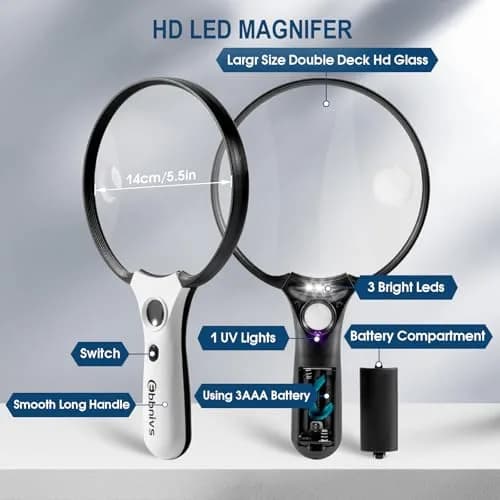 Ebbnivs Large Magnifying Glass with Light & UV 15.6cm (5.5 inch) | Distortion-Free Reading Aid for Seniors thumbnail 6