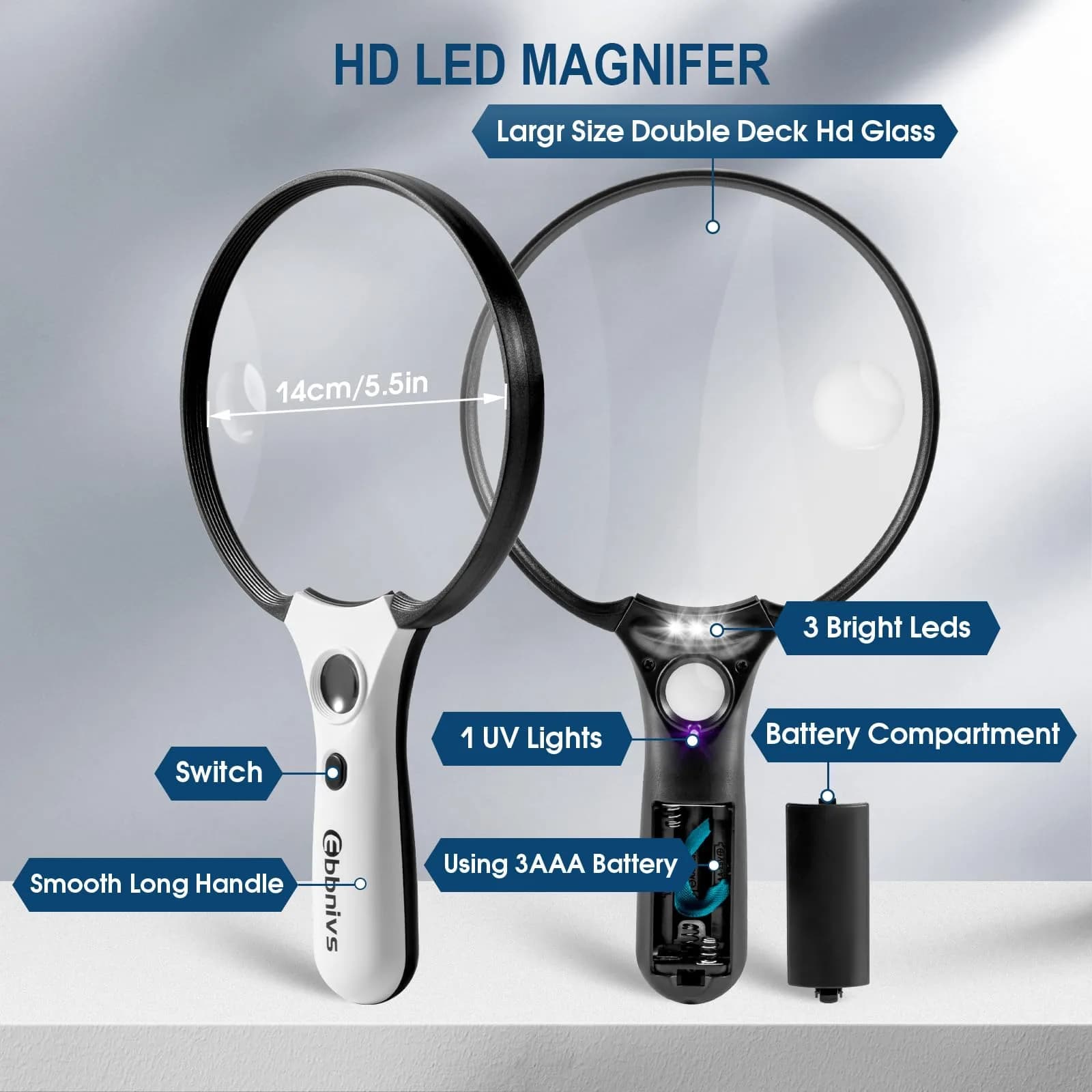 Ebbnivs Large Magnifying Glass with Light & UV 15.6cm (5.5 inch) | Distortion-Free Reading Aid for Seniors - view 6