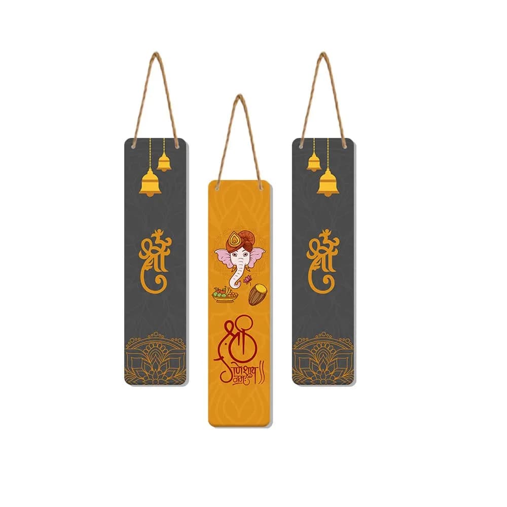 Artvibes Auspicious Shri Ganesh Wooden Art Work Wall Hanging Set of 3 | Spiritual Decor Items 43cm (17 Inches) — Multi 9