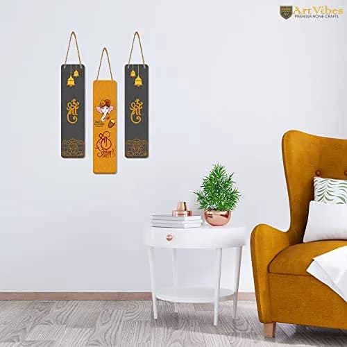 Artvibes Auspicious Shri Ganesh Wooden Art Work Wall Hanging Set of 3 | Spiritual Decor Items 43cm (17 Inches) thumbnail 3