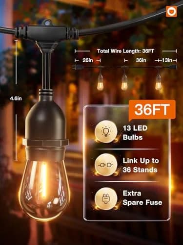 addlon LED Outdoor String Lights 36FT Vintage Weatherproof ETL | Shatterproof Edison Bulbs for Patio & Garden thumbnail 6
