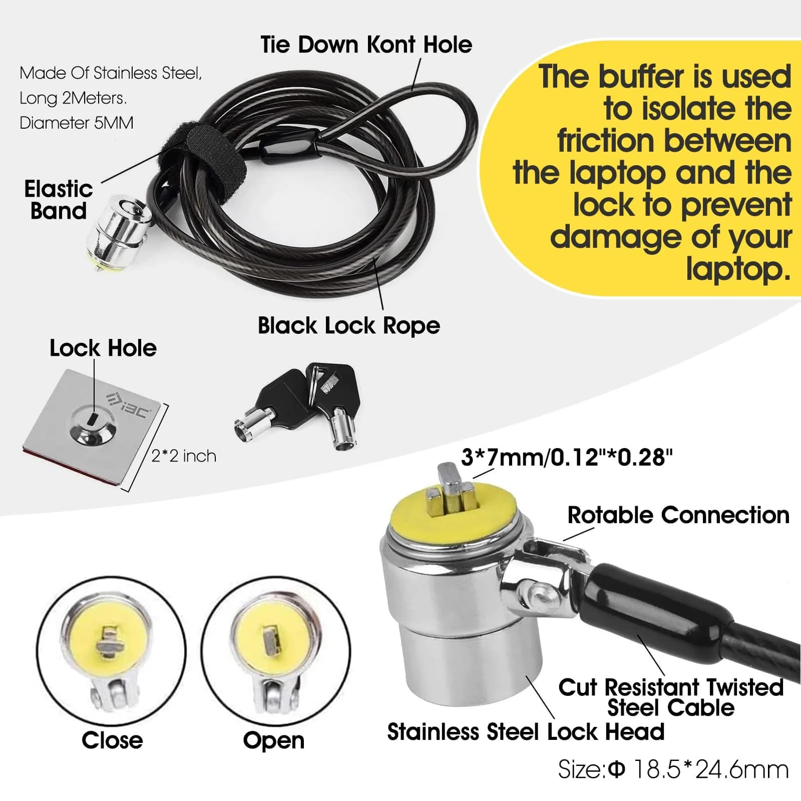 I3C Laptop Cable Lock Hardware Security Cable Lock Anti Theft, Anchor Plate & 2 Keys (2 Pack) | Cut-Resistant Carbon Steel - view 2