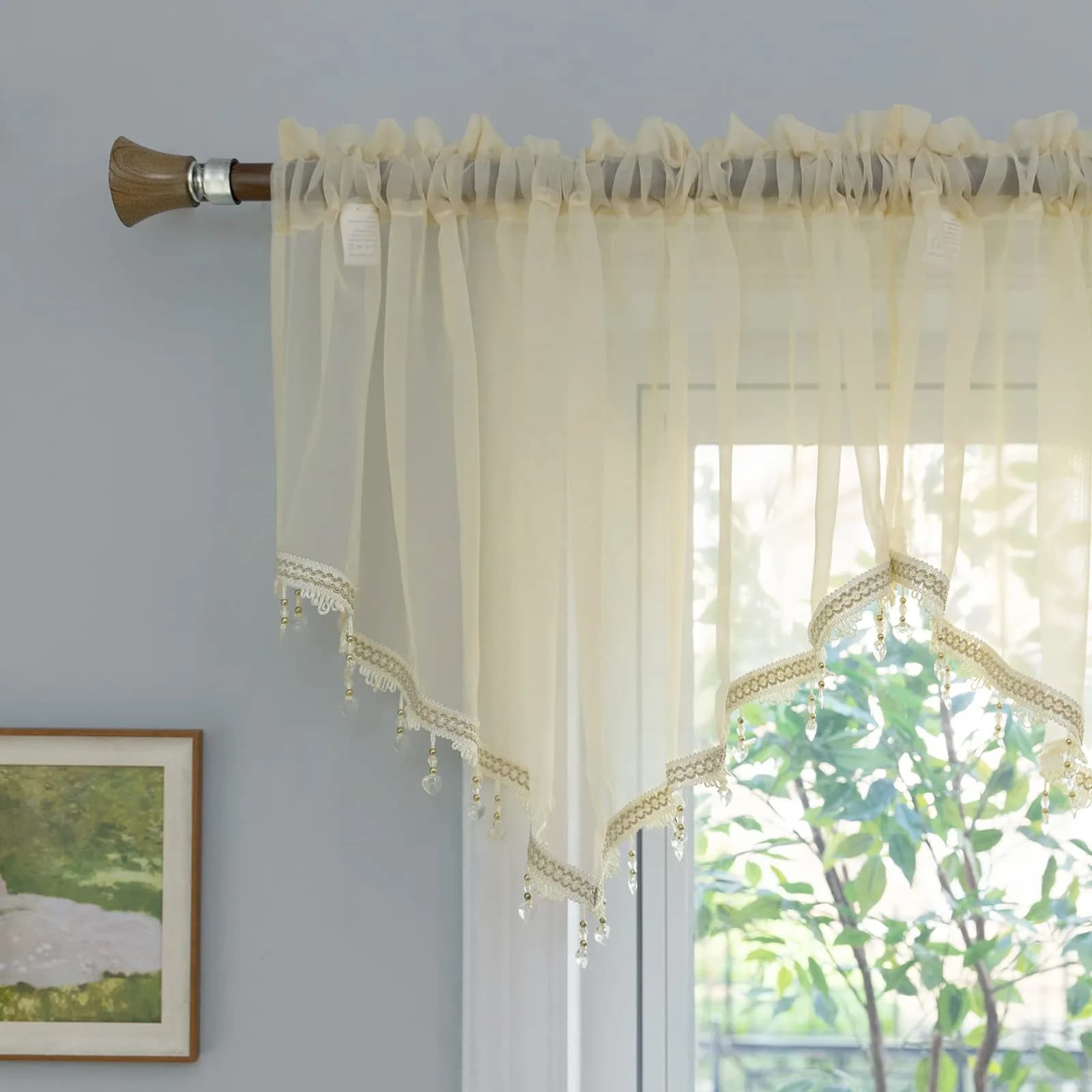 PearAge Beaded Triangle Sheer Valance Curtains 51x24 Inches | Elegant Farmhouse Window Decor — Beige