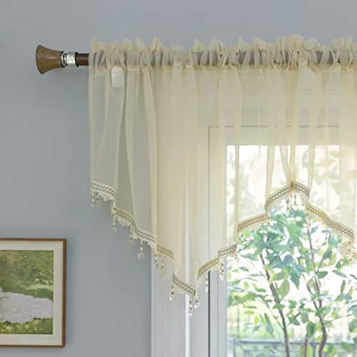 PearAge Beaded Sheer Valance Curtains 51x24 Inches | Bead Trim Tassel Voile Sheer Curtain for Living Room & Bedroom thumbnail 1