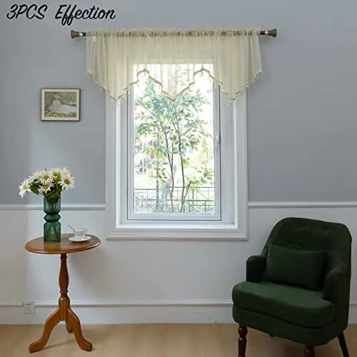 PearAge Beaded Sheer Valance Curtains 51x24 Inches | Bead Trim Tassel Voile Sheer Curtain for Living Room & Bedroom thumbnail 7