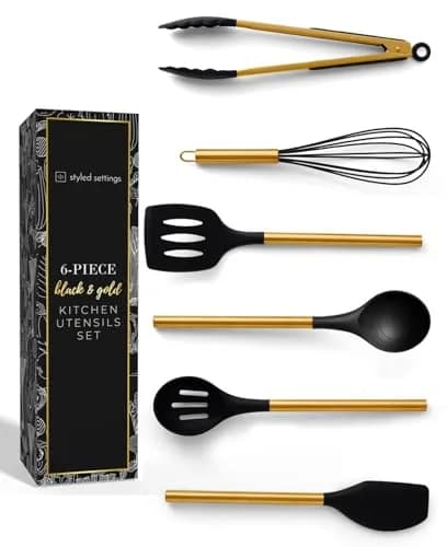 Styled Settings Black and Gold Silicone Utensil Set, 6-Piece | Heat-Resistant Up to 400°F, Nonstick Safe, BPA-Free thumbnail 1