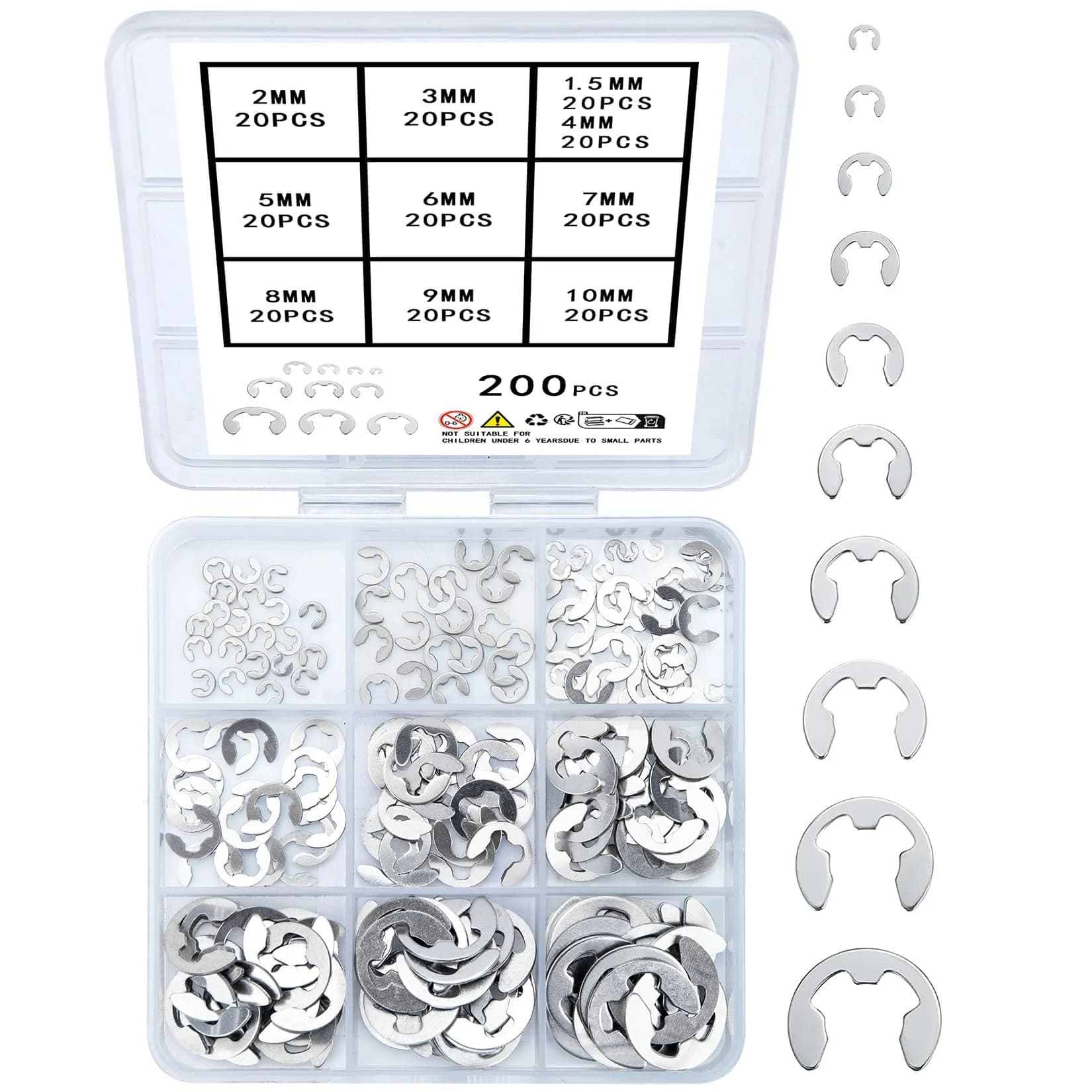 wugongshan Stainless Steel E-Clip Circlip External Retaining Rings Assortment Kit, 200 Pcs (M1.5-M10) | Essential for Shaft & Housing Fixation - main product image