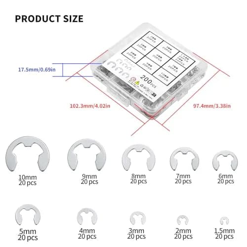 wugongshan Stainless Steel E-Clip Circlip External Retaining Rings Assortment Kit, 200 Pcs (M1.5-M10) | Essential for Shaft & Housing Fixation thumbnail 2