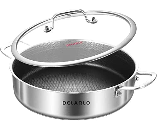 DELARLO 6QT Stainless Steel Saute Pan with Lid | Nonstick Deep Frying Pan for Versatile Cooking thumbnail 1