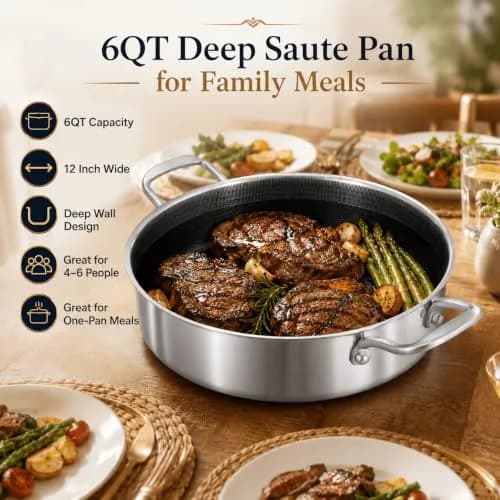DELARLO 6QT Stainless Steel Saute Pan with Lid | Nonstick Deep Frying Pan for Versatile Cooking thumbnail 5