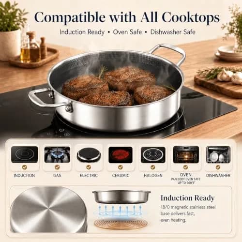 DELARLO 6QT Stainless Steel Saute Pan with Lid | Nonstick Deep Frying Pan for Versatile Cooking thumbnail 7