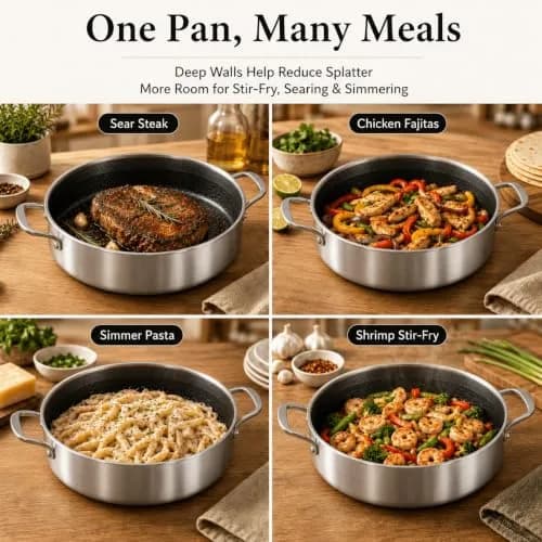 DELARLO 6QT Stainless Steel Saute Pan with Lid | Nonstick Deep Frying Pan for Versatile Cooking thumbnail 9