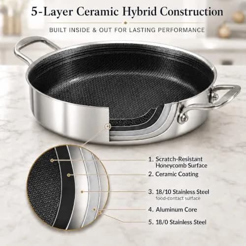 DELARLO 6QT Stainless Steel Saute Pan with Lid | Nonstick Deep Frying Pan for Versatile Cooking thumbnail 2