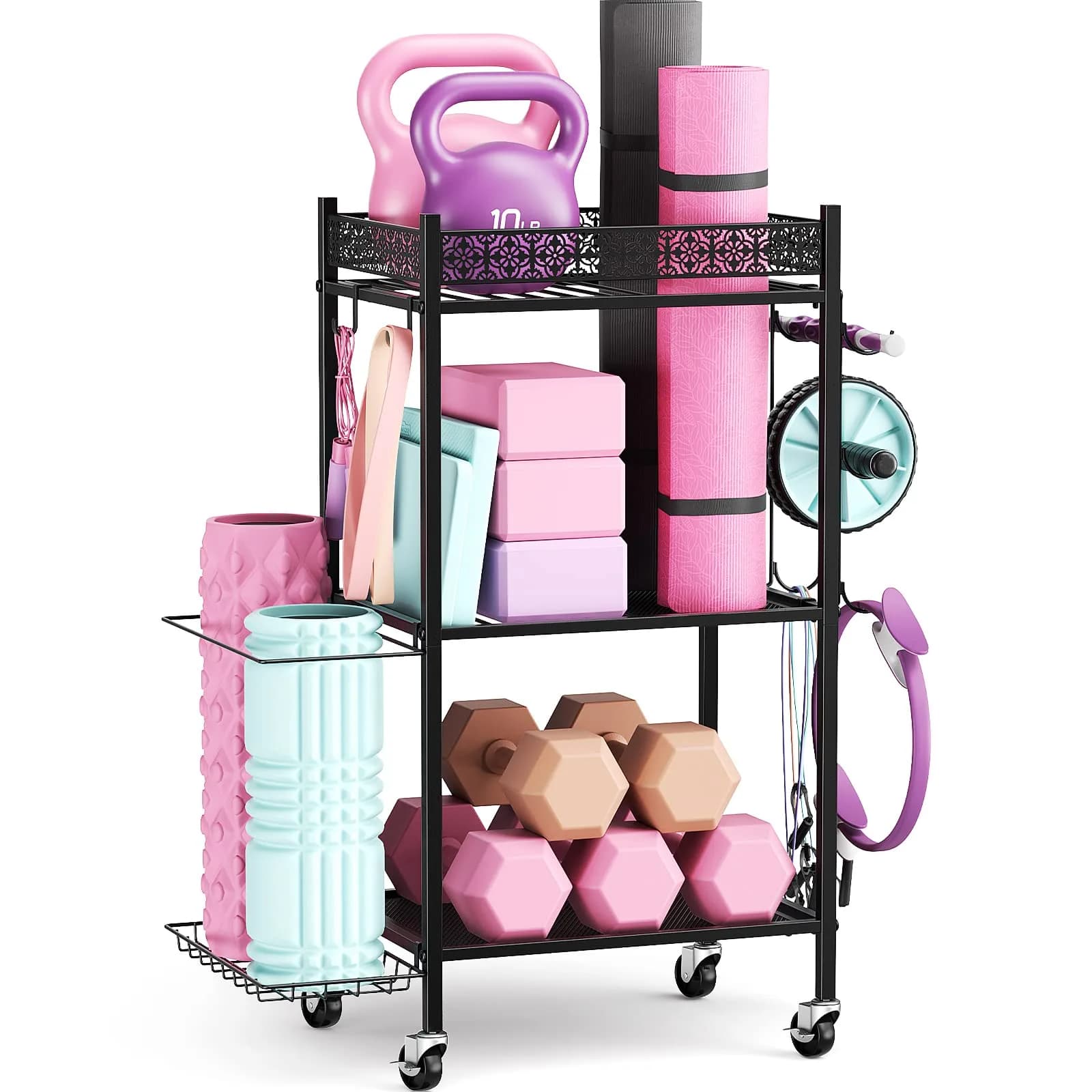 VOPEAK Home Gym Storage Rack, 3-Tier Yoga Mat Storage with Wheels & Hooks | Heavy Duty Metal, 200 lbs Capacity
