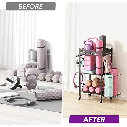 VOPEAK Home Gym Storage Rack, 3-Tier Yoga Mat Storage with Wheels & Hooks | Heavy Duty Metal, 200 lbs Capacity thumbnail 6