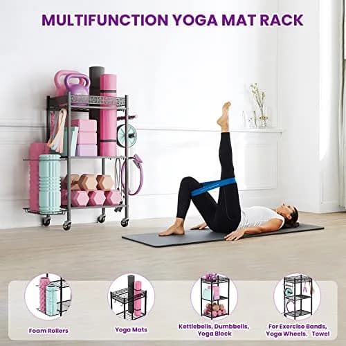 VOPEAK Home Gym Storage Rack, 3-Tier Yoga Mat Storage with Wheels & Hooks | Heavy Duty Metal, 200 lbs Capacity thumbnail 7