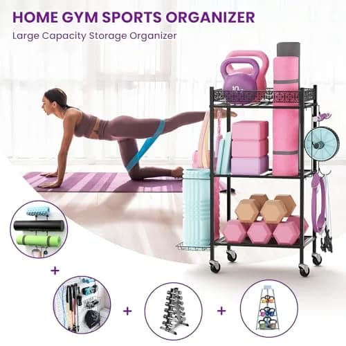 VOPEAK Home Gym Storage Rack, 3-Tier Yoga Mat Storage with Wheels & Hooks | Heavy Duty Metal, 200 lbs Capacity thumbnail 2