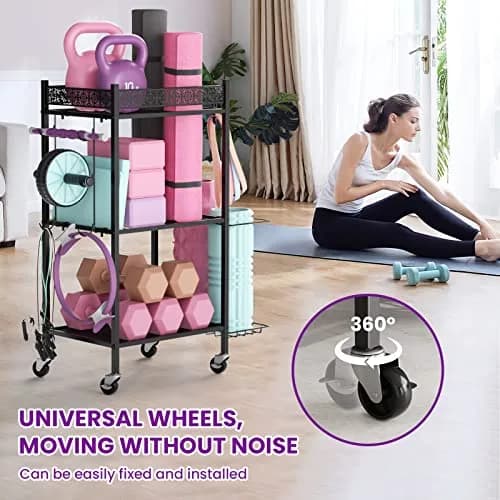 VOPEAK Home Gym Storage Rack, 3-Tier Yoga Mat Storage with Wheels & Hooks | Heavy Duty Metal, 200 lbs Capacity thumbnail 3