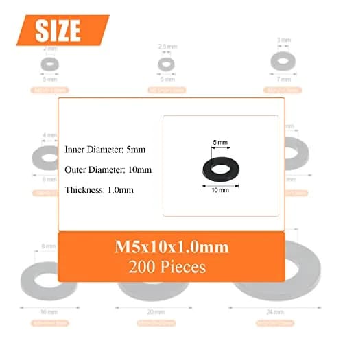 HELIFOUNER M5 Black Nylon Flat Washers | Corrosion-Resistant, 200 Pieces, Inner Diameter 5mm thumbnail 3