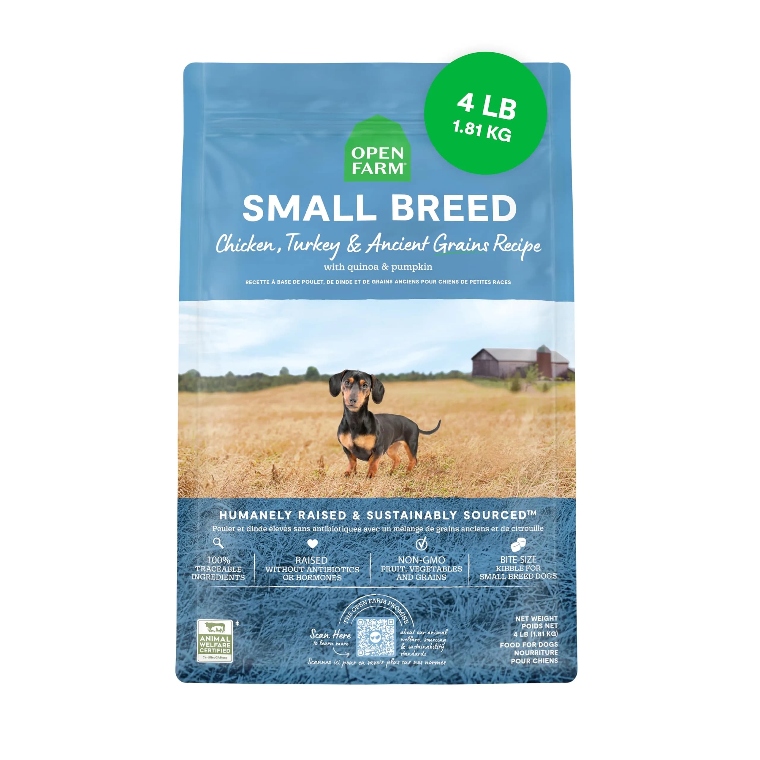 Open Farm Ancient Grains Dry Dog Food Small Breed Kibble 1.81 kg (4lb) | High Protein, Traceable Ingredients — Small Breed
