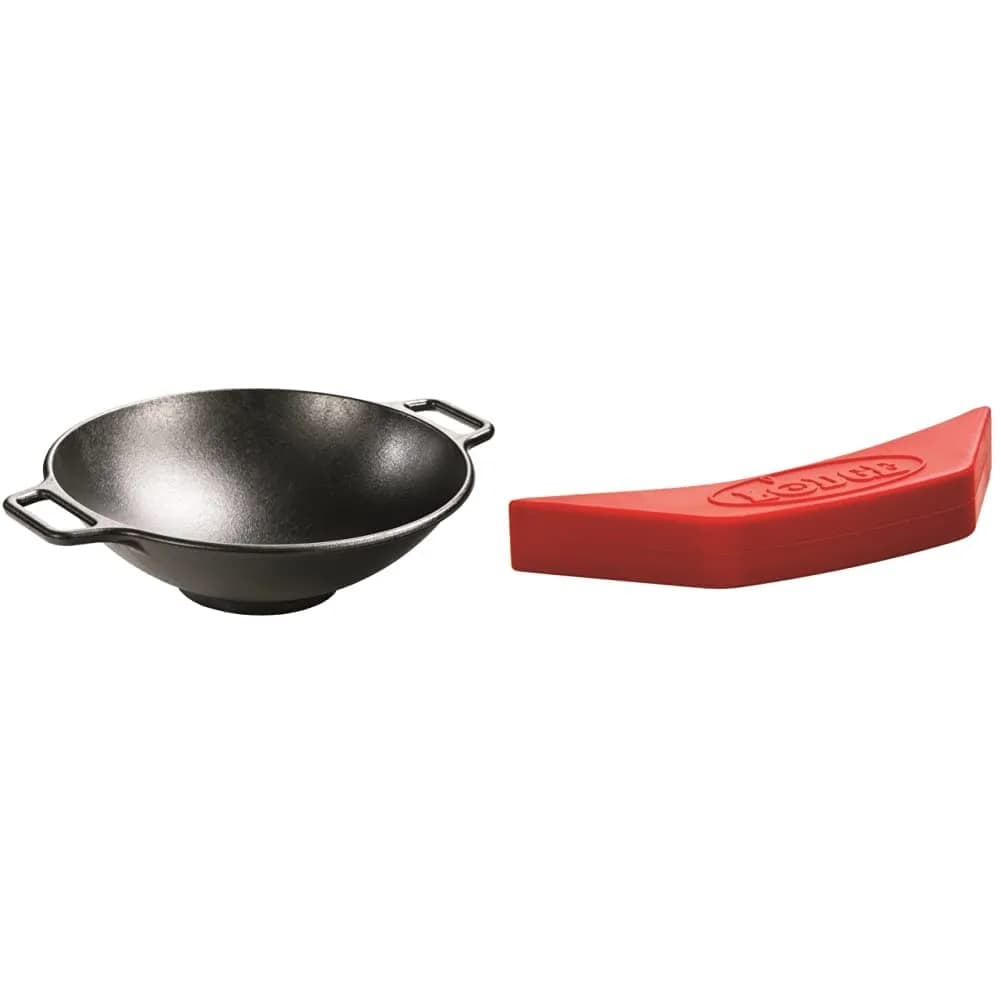 Lodge BOLD 14 Inch Seasoned Cast Iron Wok with Red Silicone Assist Handle Holder | Induction Compatible — Wok + Silicone Assist Holder - Red