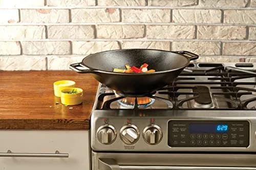 Lodge BOLD 14 Inch Seasoned Cast Iron Wok with Red Silicone Assist Handle Holder | Induction Compatible thumbnail 4