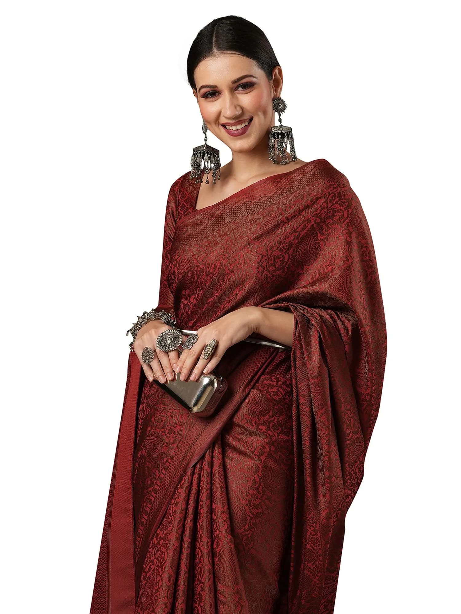 AKHILAM Women's Banarasi Silk Saree with Unstitched Blouse Piece, Maroon, 5.5 m (18.04 ft) | Woven Zari Work for Festivals & Weddings