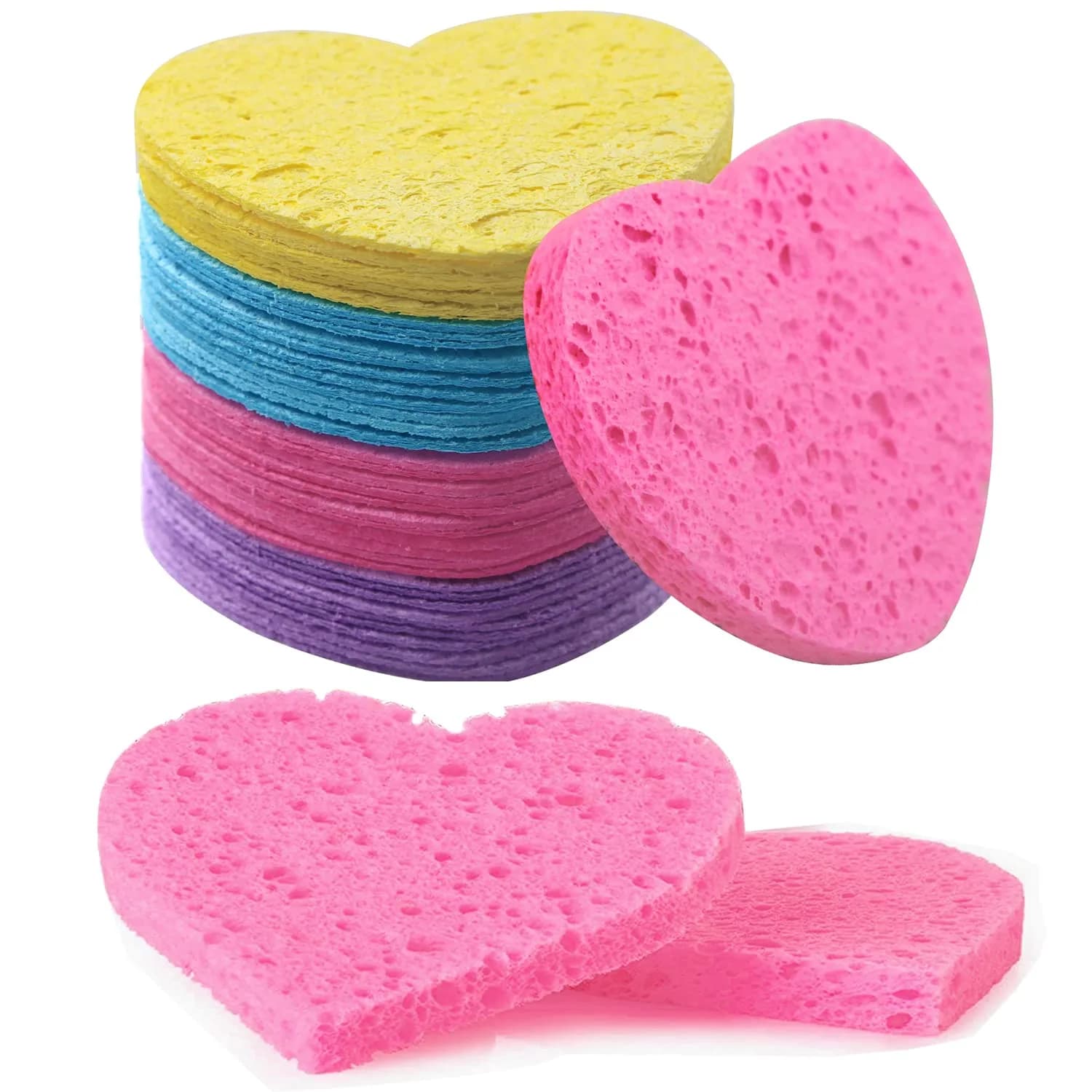 Spunspon Compressed Facial Sponges Pink Heart Shape 50 Count (1 Pack) | Gentle Daily Face Wash & Makeup Removal — 50- Pack Mixed