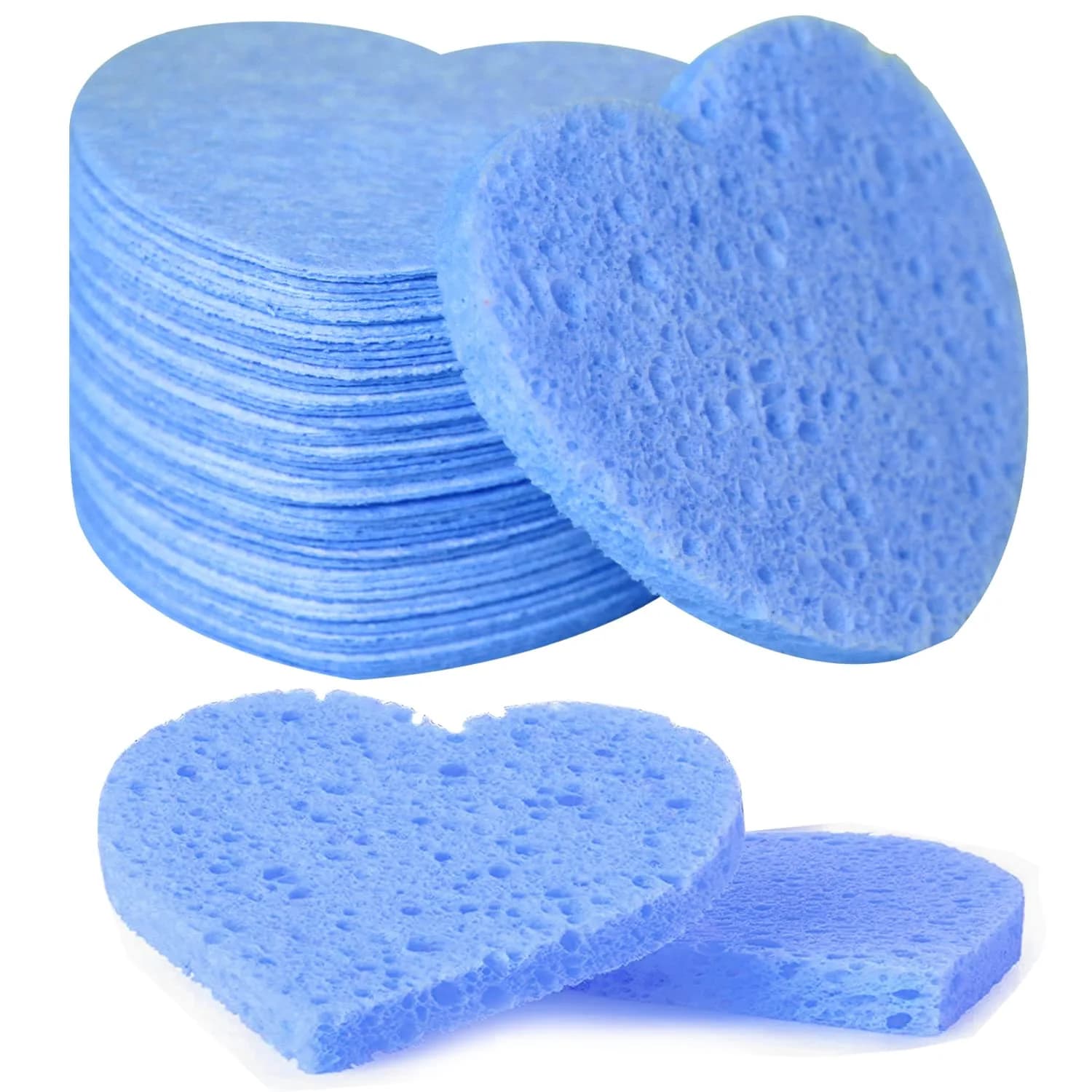 Spunspon 50-Count Natural Cellulose Facial Sponges | Heart Shape, Blue